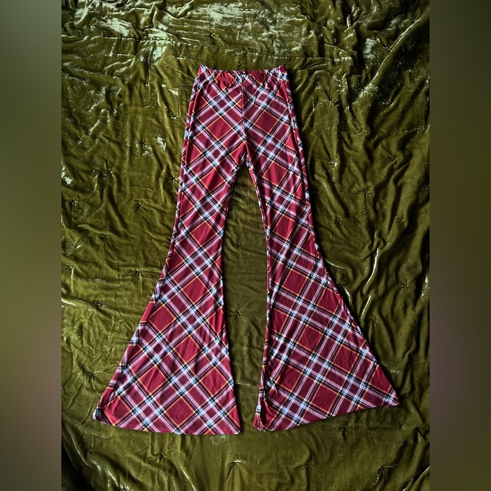 High rise bell bottom plaid pants